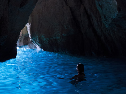 The Calanque de l'Oule, near Cassis, a sea cave with bright and vivid blue waters, in the South of France