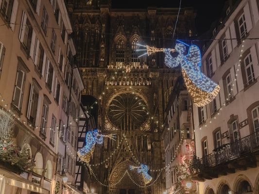 Rue Mercière, in Strasbourg, at night, with views to the Cathedral and the angels illuminations