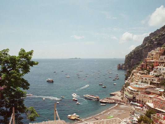 Views of the bay of Positano from a terrace up the hill, in the Amalfi Coast