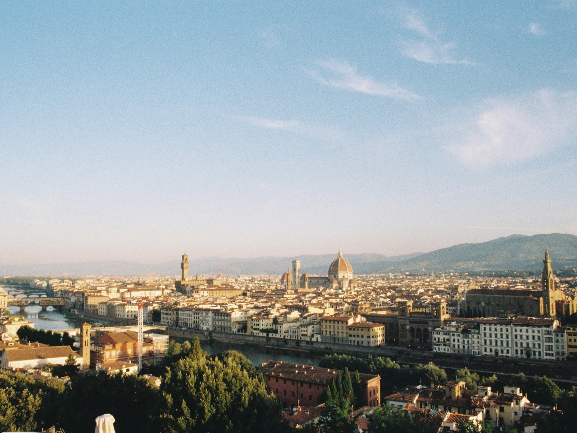 Morning landscape of Florence from Piazzale Michelangelo, with the Arno River, the Duomo and Palazzo Vecchio