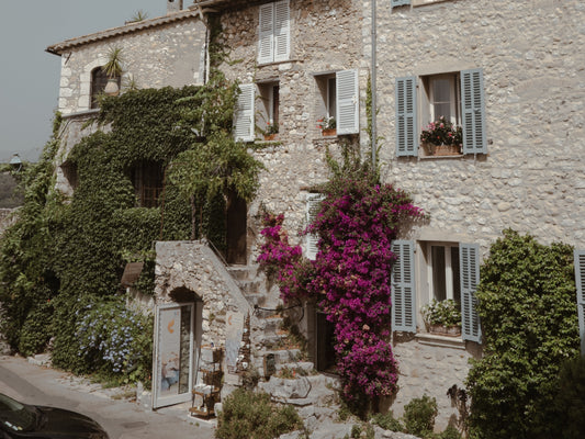 Stone houses covered in blooming vines in the medieval hilltop village of Saint-Paul-de-Vence, in the South of France