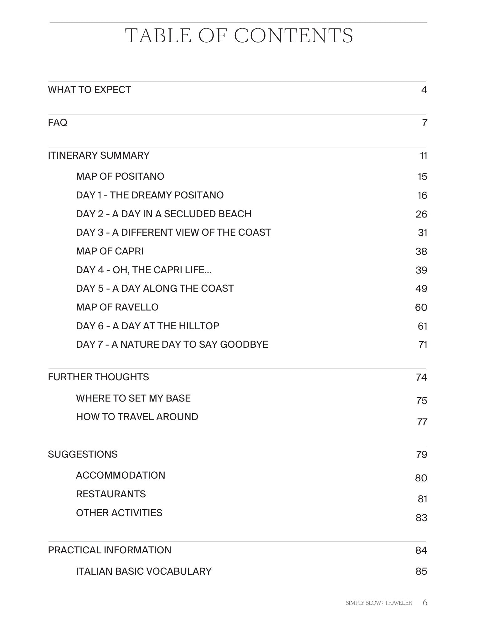 A Guide to the Amalfi Coast - the Table of Contents page, by Simply Slow Traveler