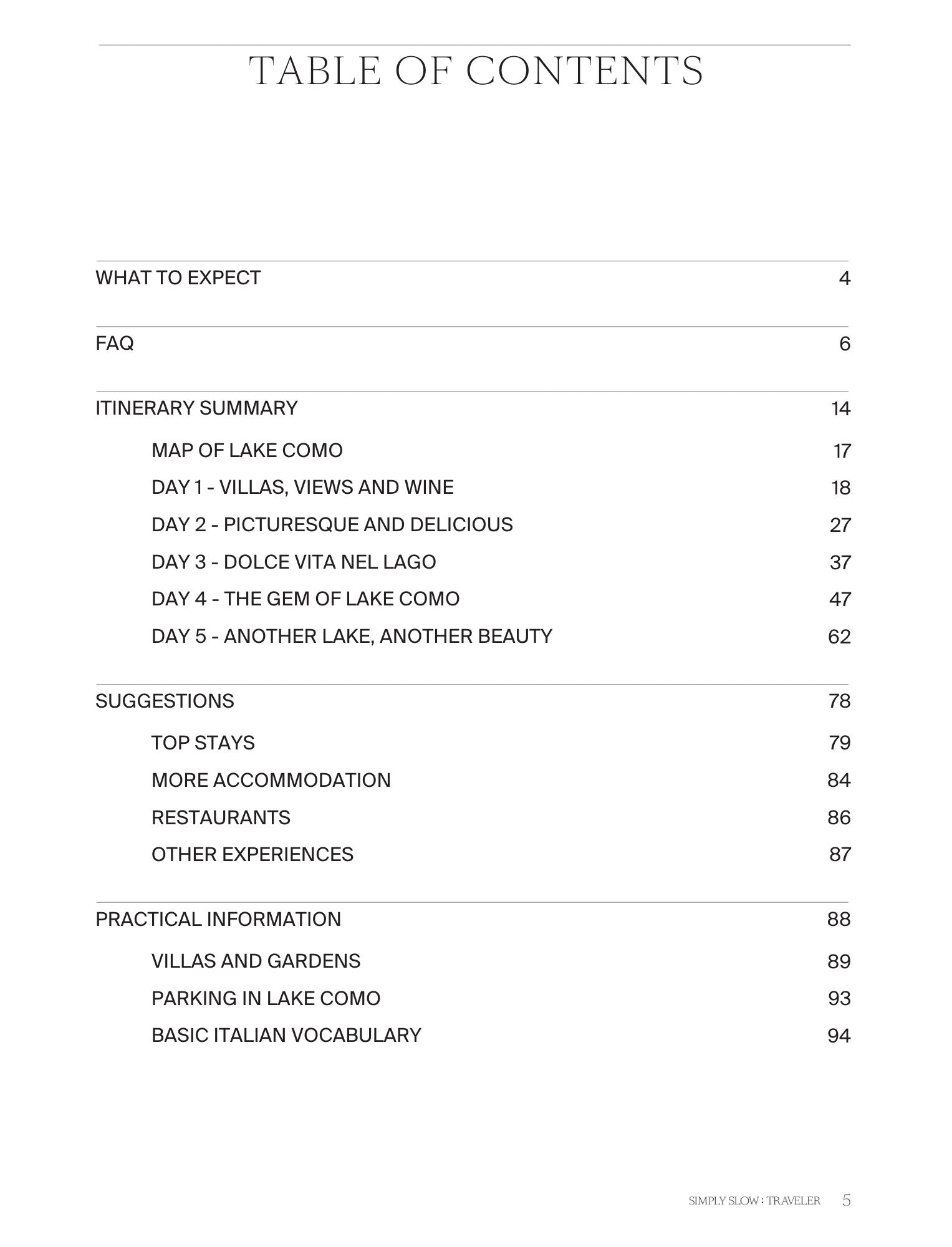 A Guide to Lake Como - 'Table of Contents' page, by Simply Slow Traveler