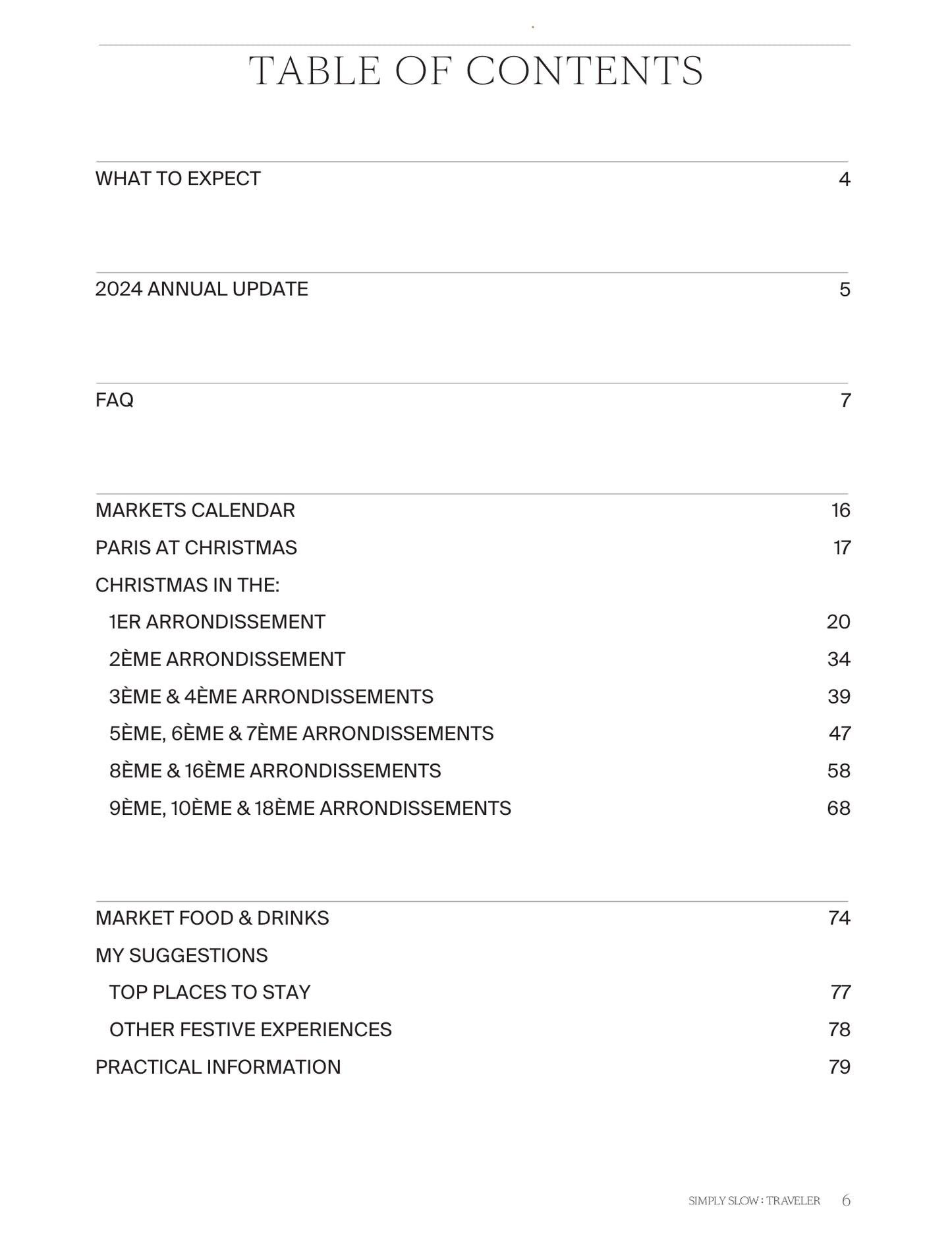 The Index page for the Paris - Christmas Edition Digital Travel Guide, by Simply Slow Traveler