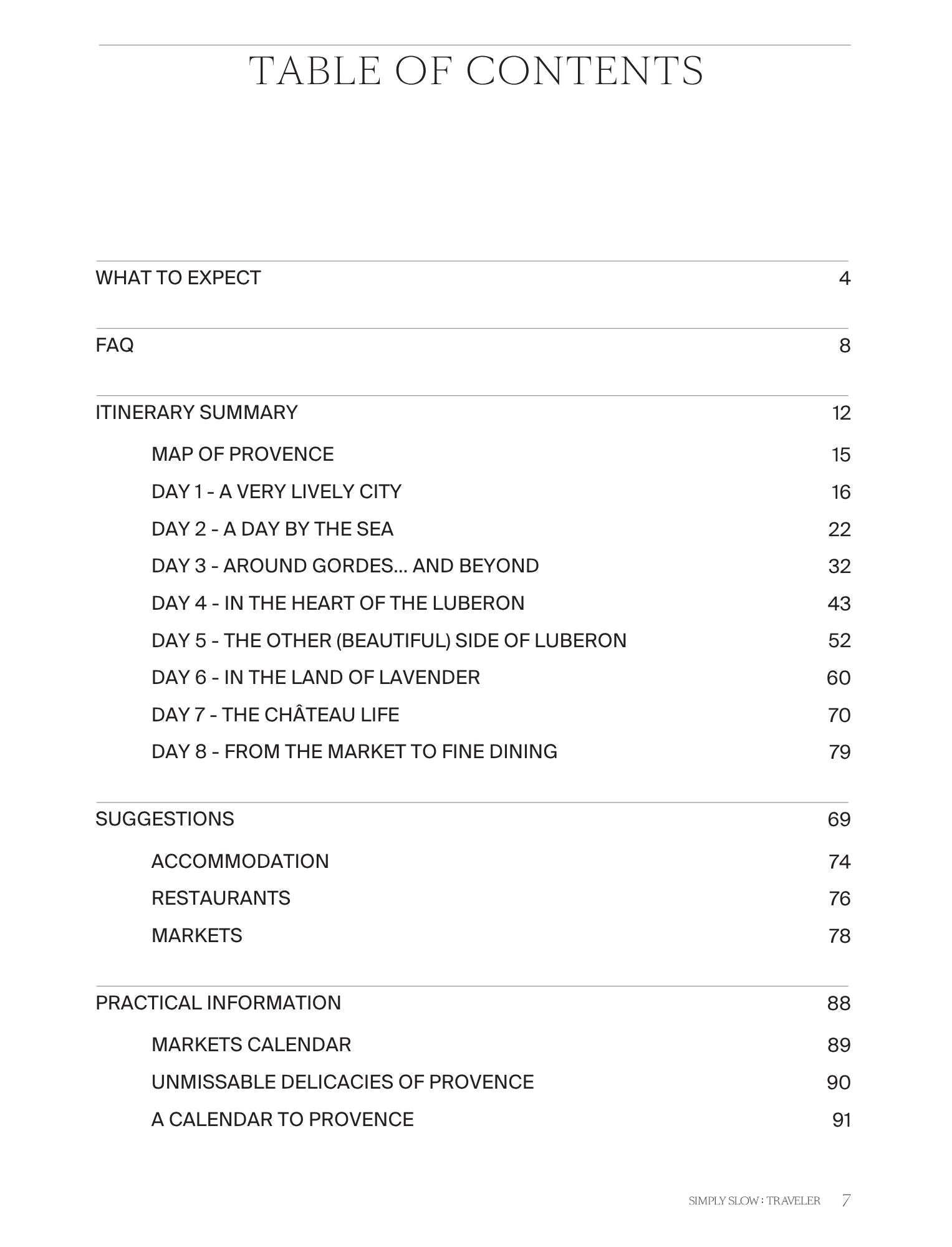 'Table of Contents' page of the Guide to Provence in 8 Days by Simply Slow Traveler