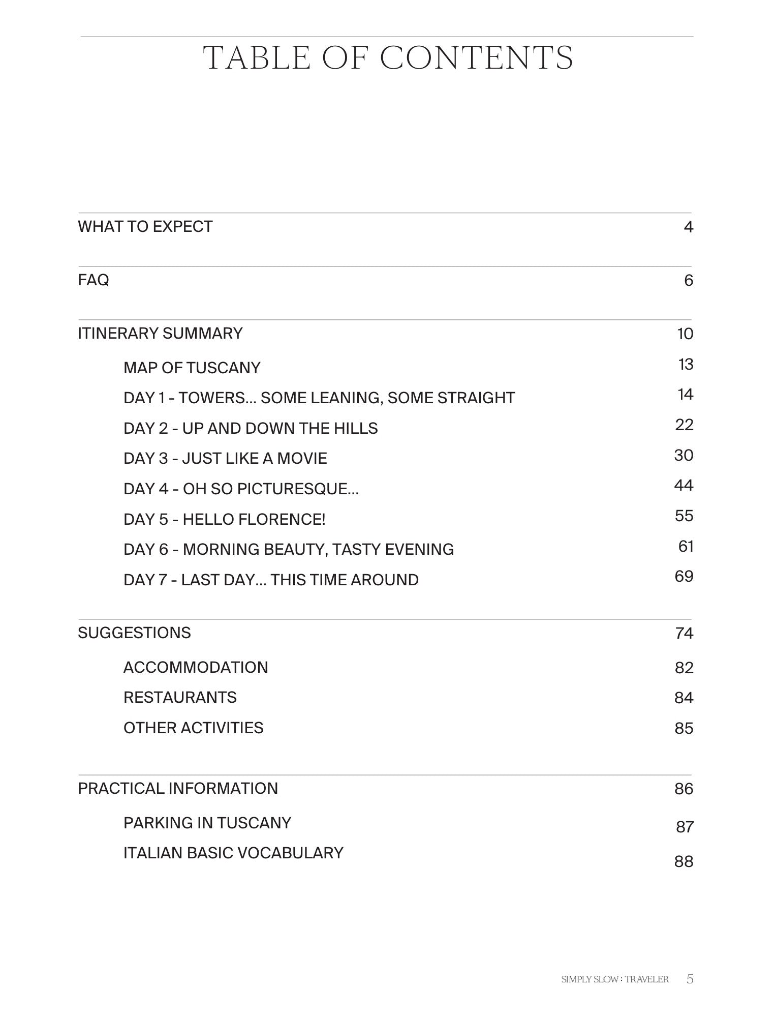 A Guide to Tuscany - the table of contents, by Simply Slow Traveler