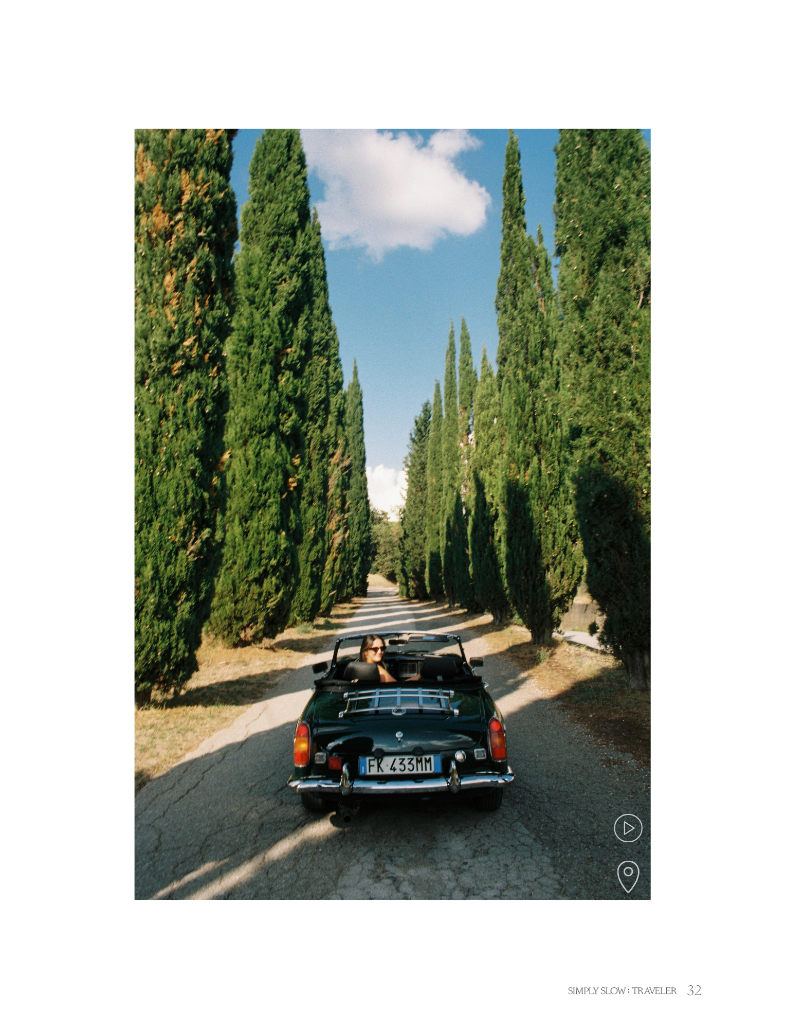 A Guide to Tuscany - page with photo of classic car and cypresses, by Simply Slow Traveler