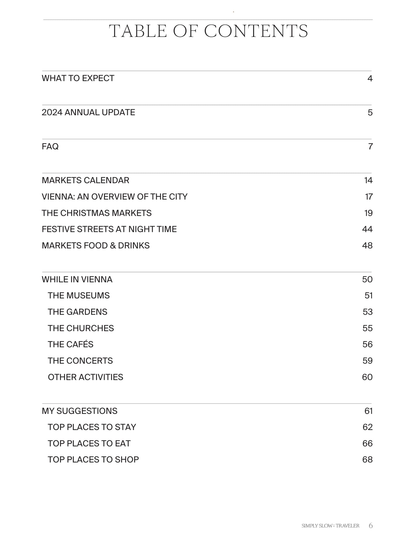 The 'Index' page of the Vienna - Christmas Edition Digital Travel Guide, by Simply Slow Traveler