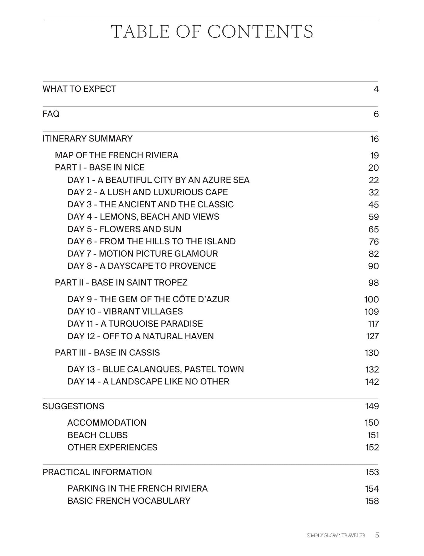 Page with the 'Table of Contents' of the French Riviera in 14 Days Digital Travel Guide, by Simpy Slow Traveler