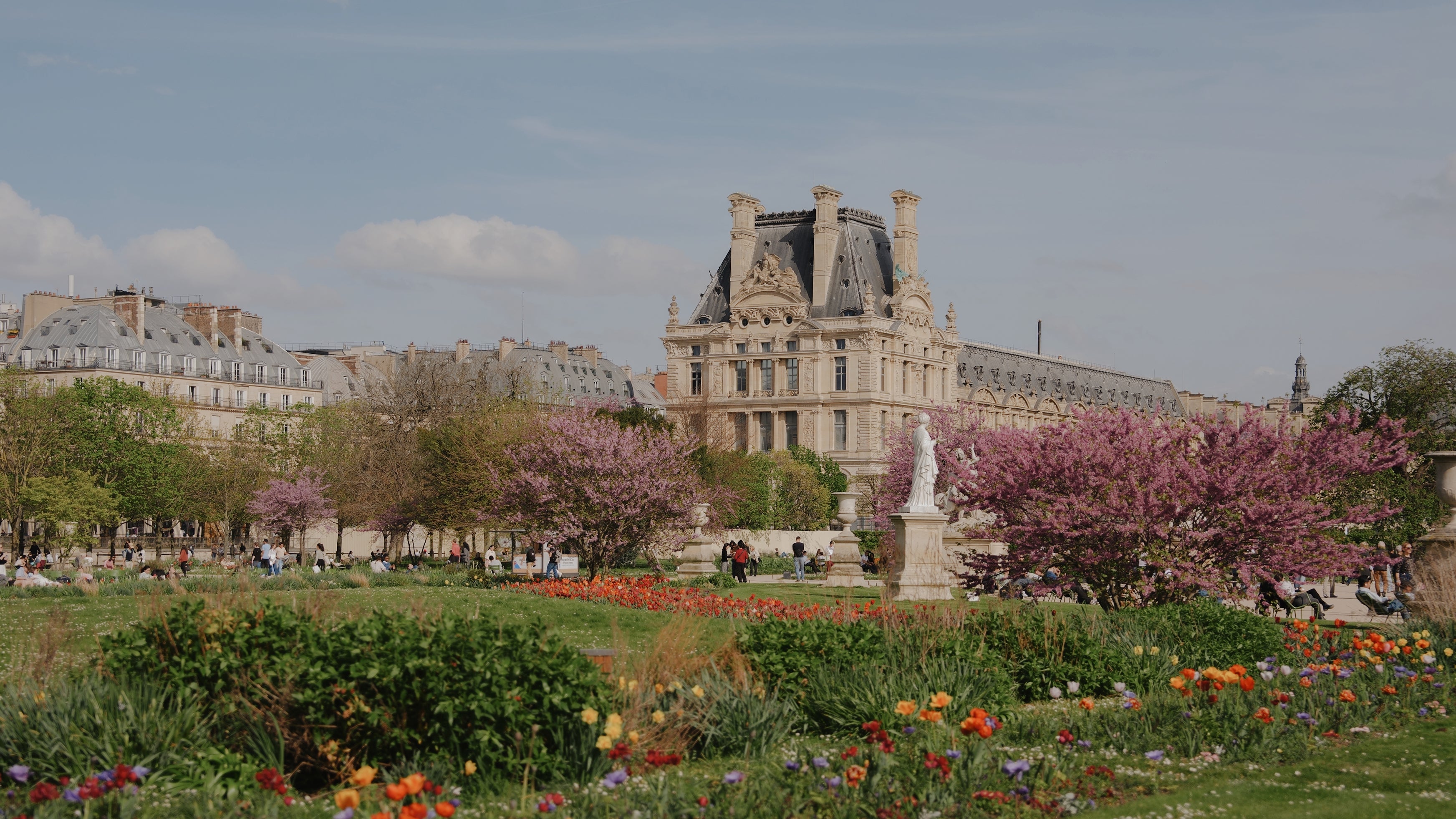 Jardin des Tuileries in early April, with the Cherry Trees in bloom and the gardens very flowery