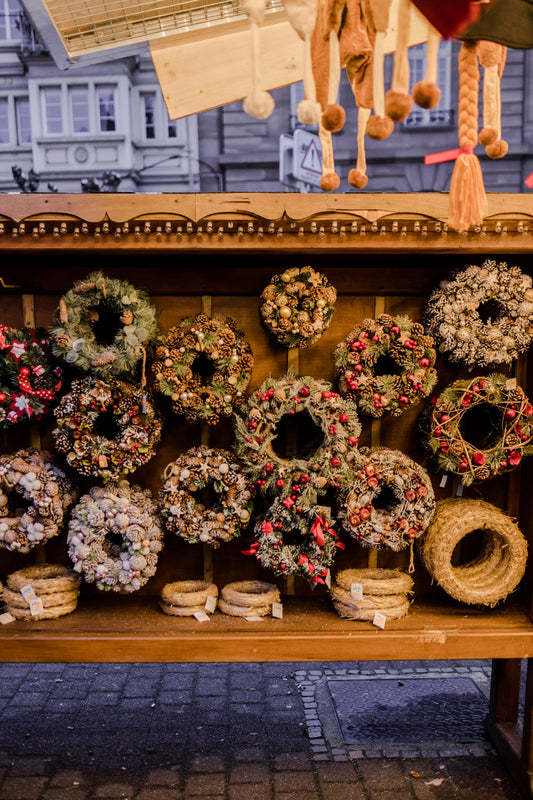 Display of Christmas Wreaths on a Christmas Market in Strasbourg, Alsace