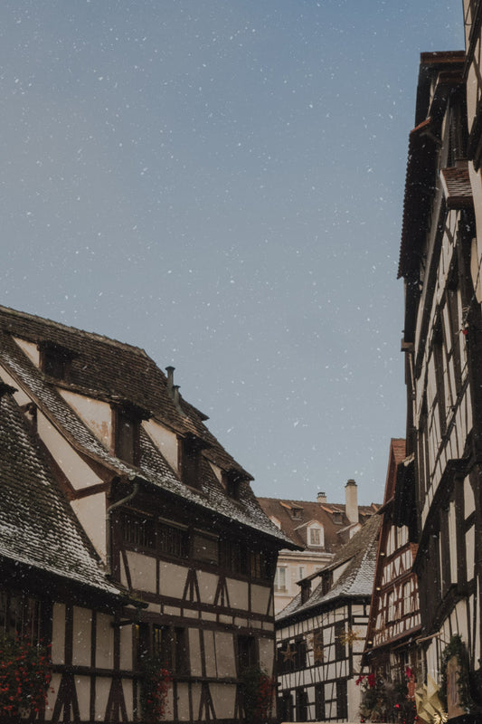 Half timbered houses of the traditional villages from Alsace on a snowy winter morning