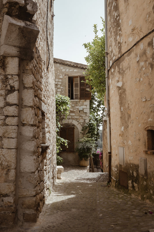 Cobbled alleway in a medieval village in the South of France with stone houses and vines