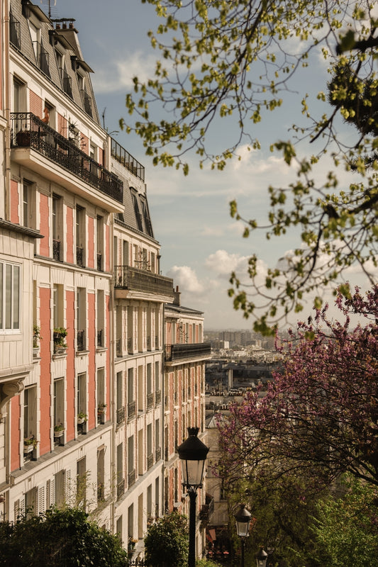 Stairway going down from Sacré Coeur, with façades illuminated by the morning sun, in Paris