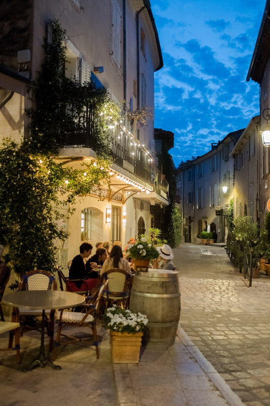 The cobbled streets of the medieval village of Lourmarin, in Provence, at night