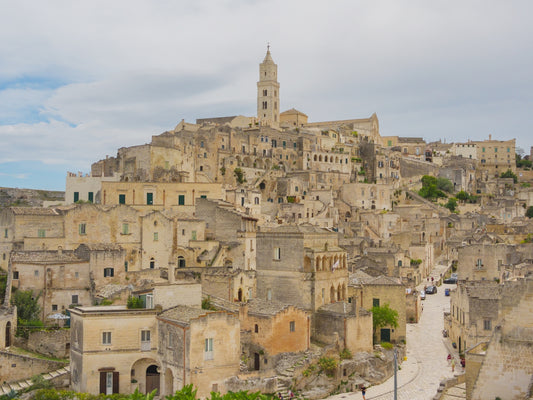 Views of the Sasso Barisano, with its distinctive ancient looking limestone houses, in Matera, Italy