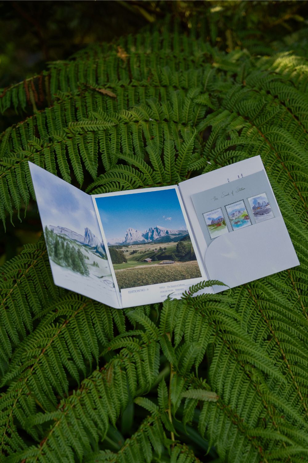 The open fold-out from the September 2026 'Dolomites' edition of Simply Slow Mail, by Simply Slow Traveler, where the illustration on the interior of the fold-out, as well as one of the postcards and the sticker sheet can be seen
