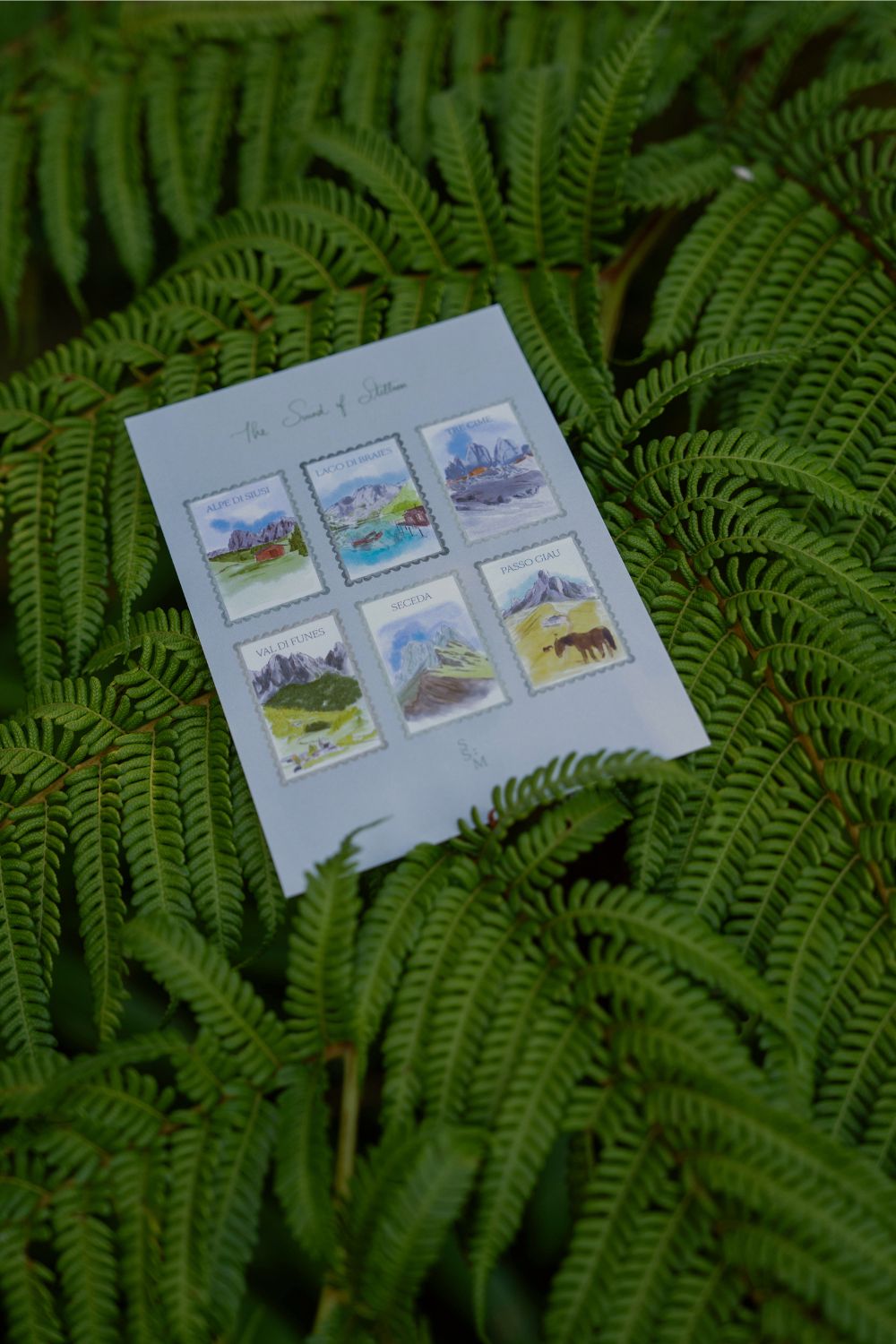 The sticker sheet, with each sticker featuring an iconic landscape from the Dolomites, included in the September 2026 'Dolomites' edition of Simply Slow Mail, by Simply Slow Traveler