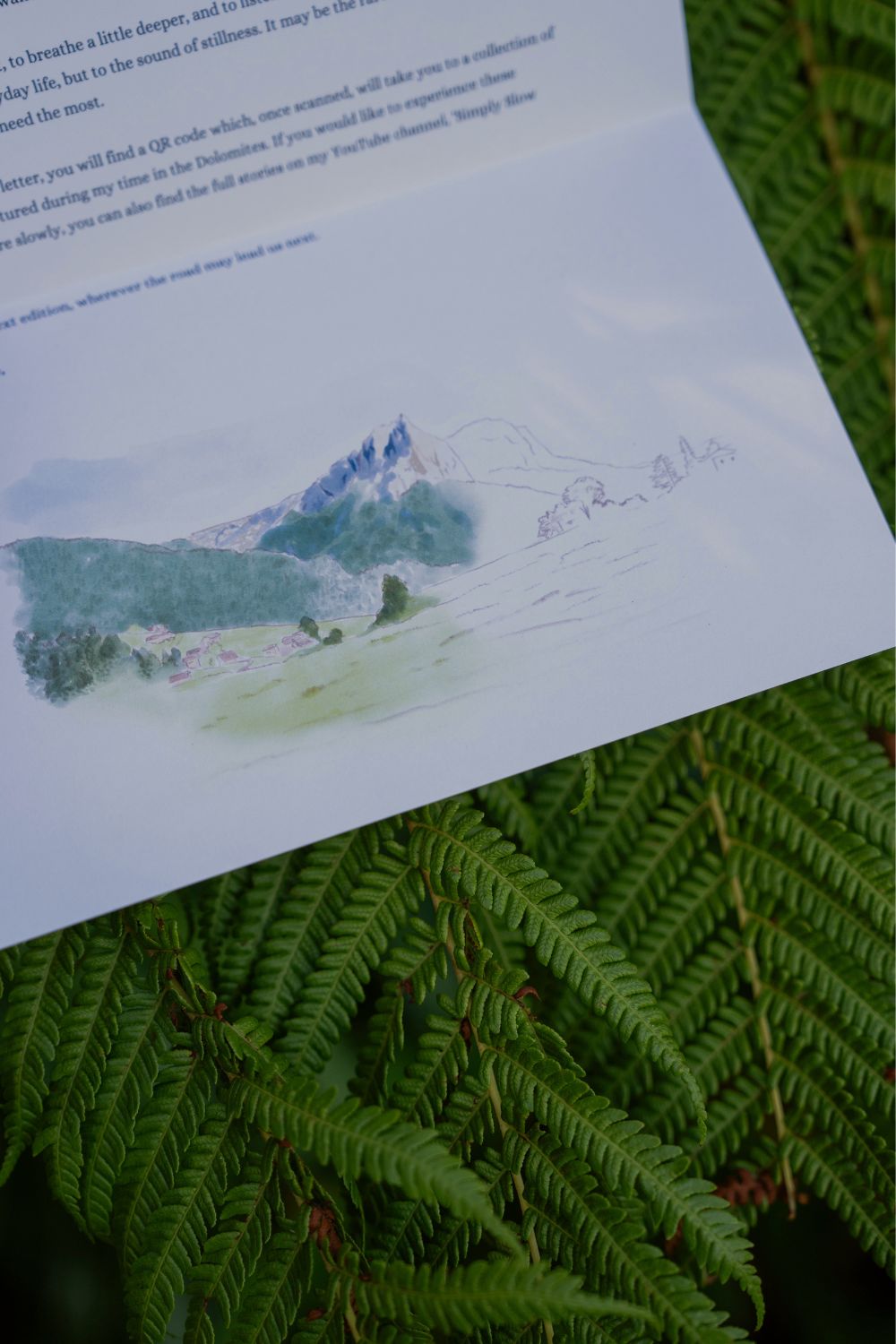 A detail of the illustration of Alpe di Siusi in the letter included in the September 2026 'Dolomites' edition of Simply Slow Mail, by Simply Slow Traveler