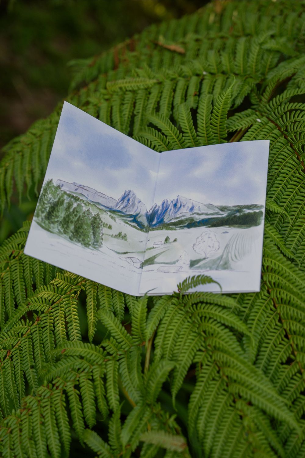 The illustration on the fold-out included in the September 2026 'Dolomites' edition of Simply Slow Mail, by Simply Slow Traveler
