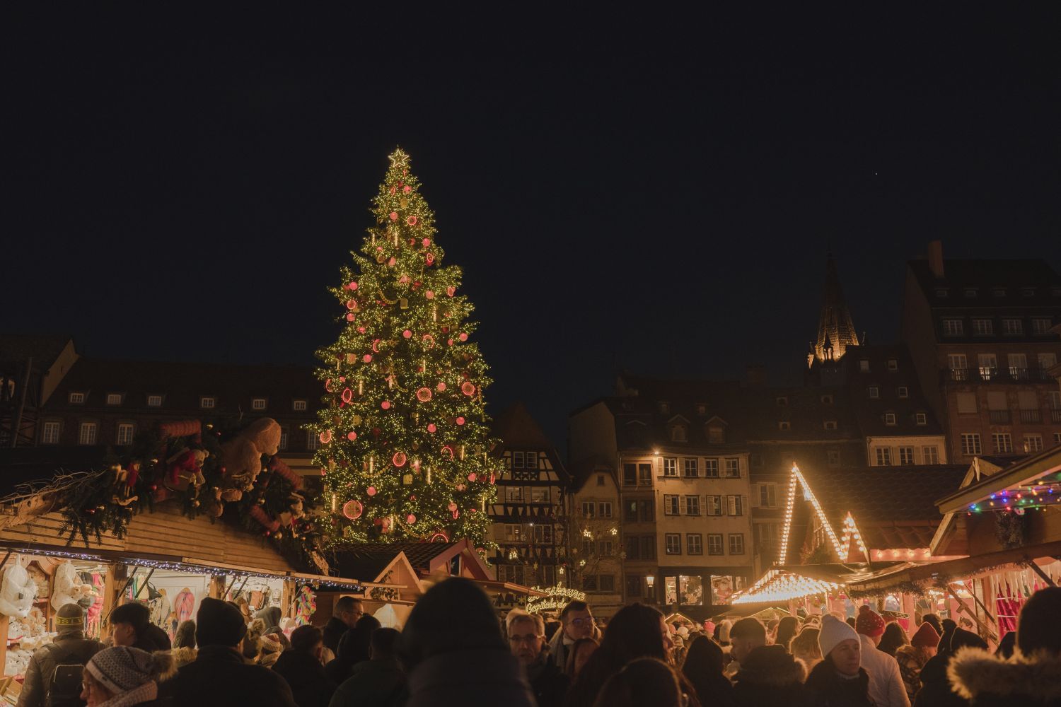 Christmas market setting at night, in the streets of Strasbourg. A high tree with ornaments and lights, a crowded market and buildings in the back.