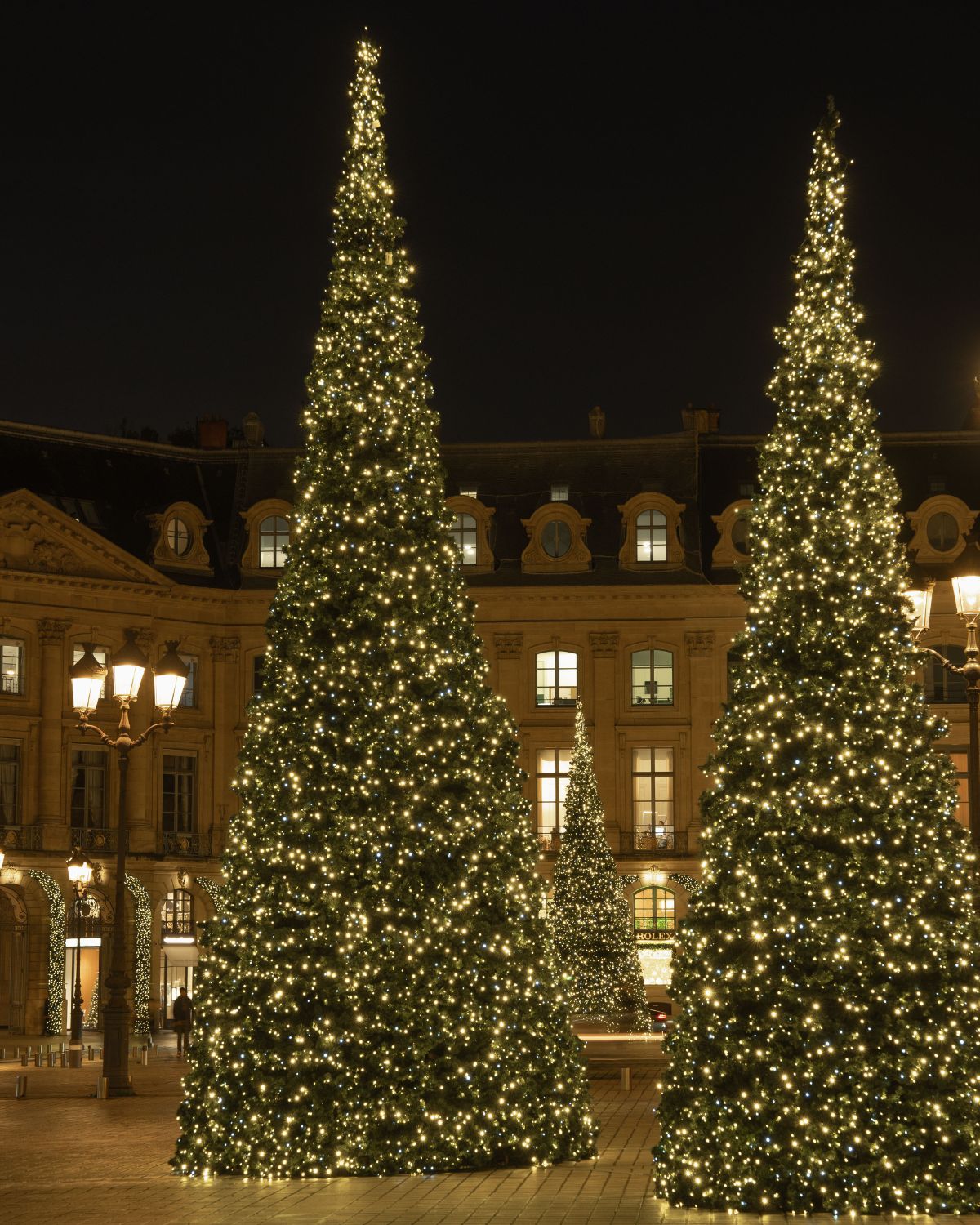 Three Christmas trees with lights at a square in Paris, in front of classic buildings.